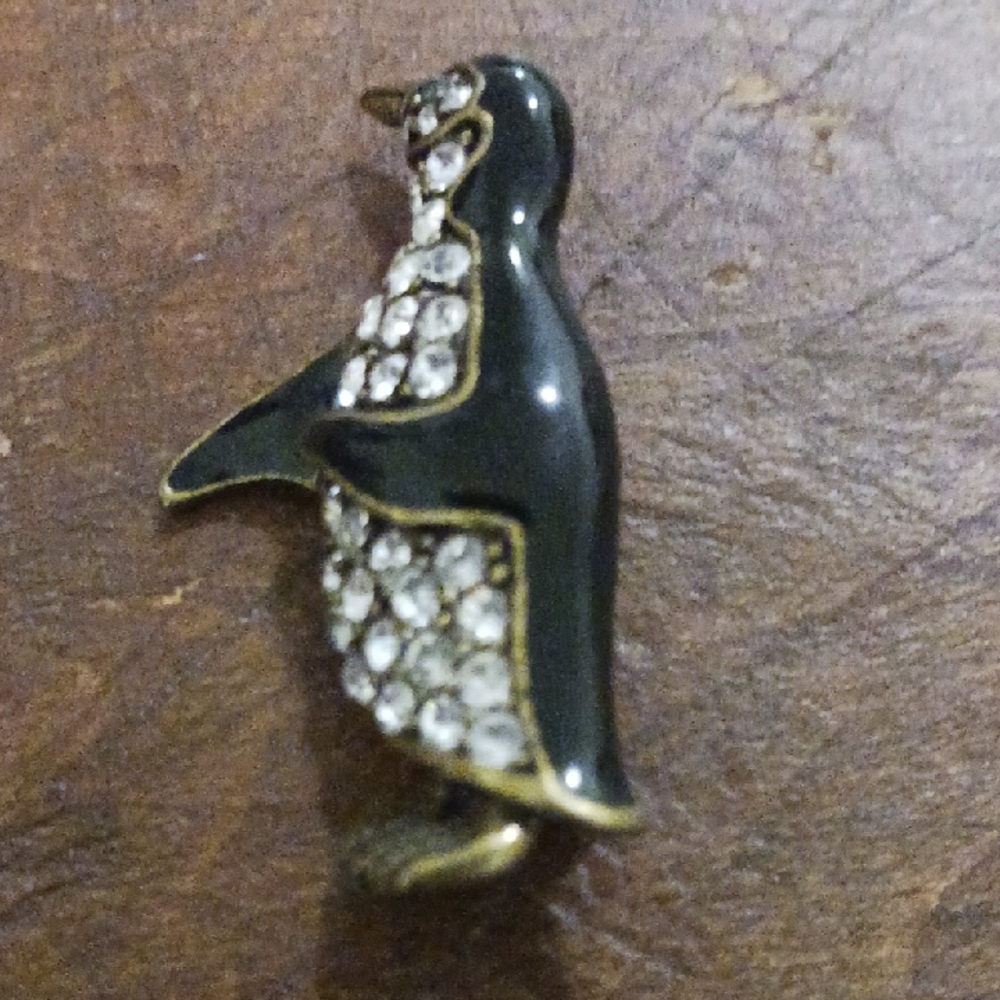 Black Enamel Penguin Brooch with Clear Crystal Accents